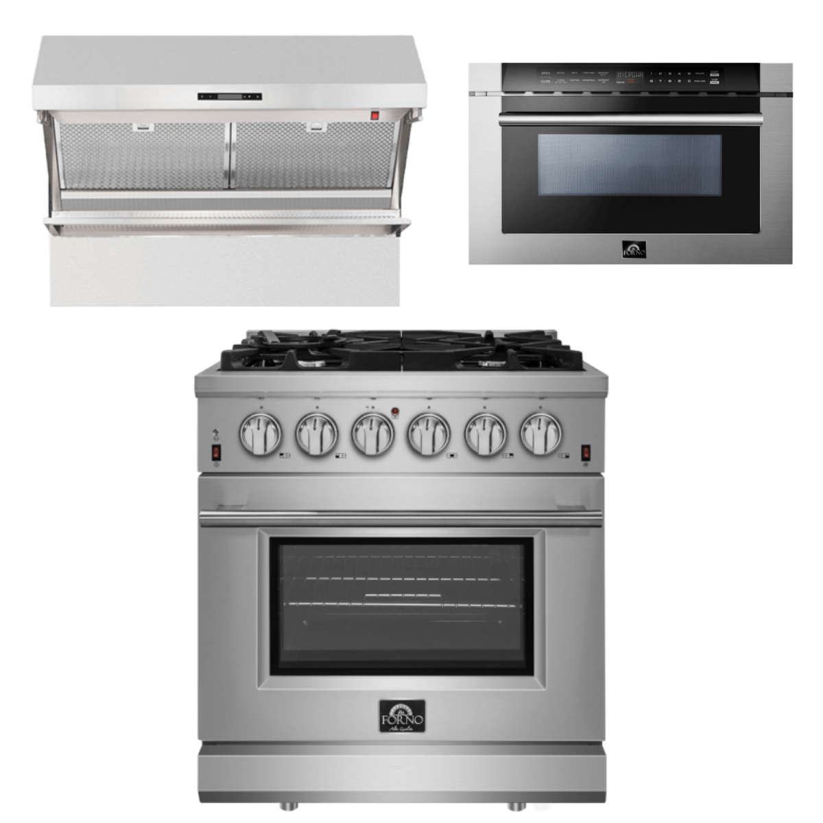 Forno Appliance Package - 30 Inch Gas Range, Wall Mount Range Hood, Microwave Drawer, AP-FFSGS6239-30-3 I Luxury Appliances Direct
