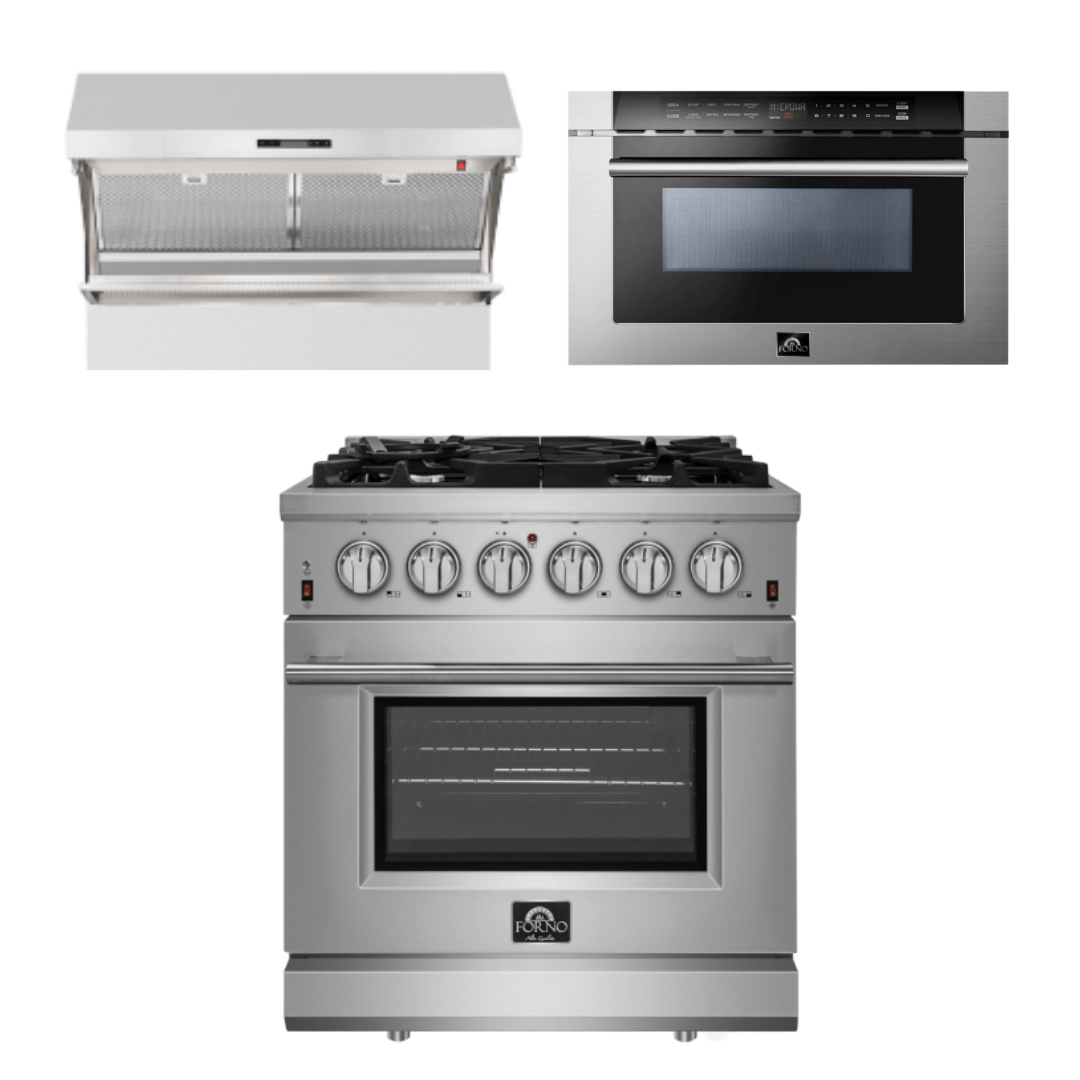 Forno Appliance Package - 30 Inch Gas Range, Wall Mount Range Hood, Microwave Drawer, AP-FFSGS6239-30-3 I Luxury Appliances Direct