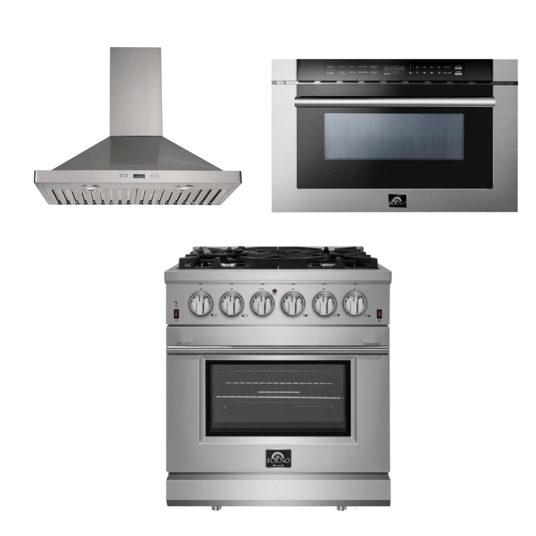 Forno Appliance Package - 30 Inch Gas Range, Wall Mount Range Hood, Microwave Drawer, AP-FFSGS6239-30-W-3 I Luxury Appliances Direct