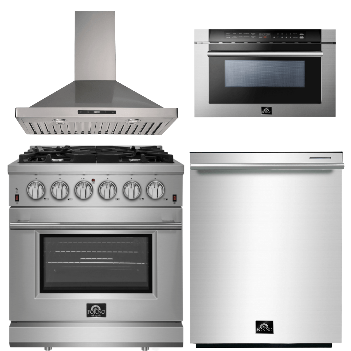Forno Appliance Package - 30 Inch Gas Range, Wall Mount Range Hood, Microwave Drawer, Dishwasher, AP-FFSGS6239-30-W-6 I Luxury Appliances Direct