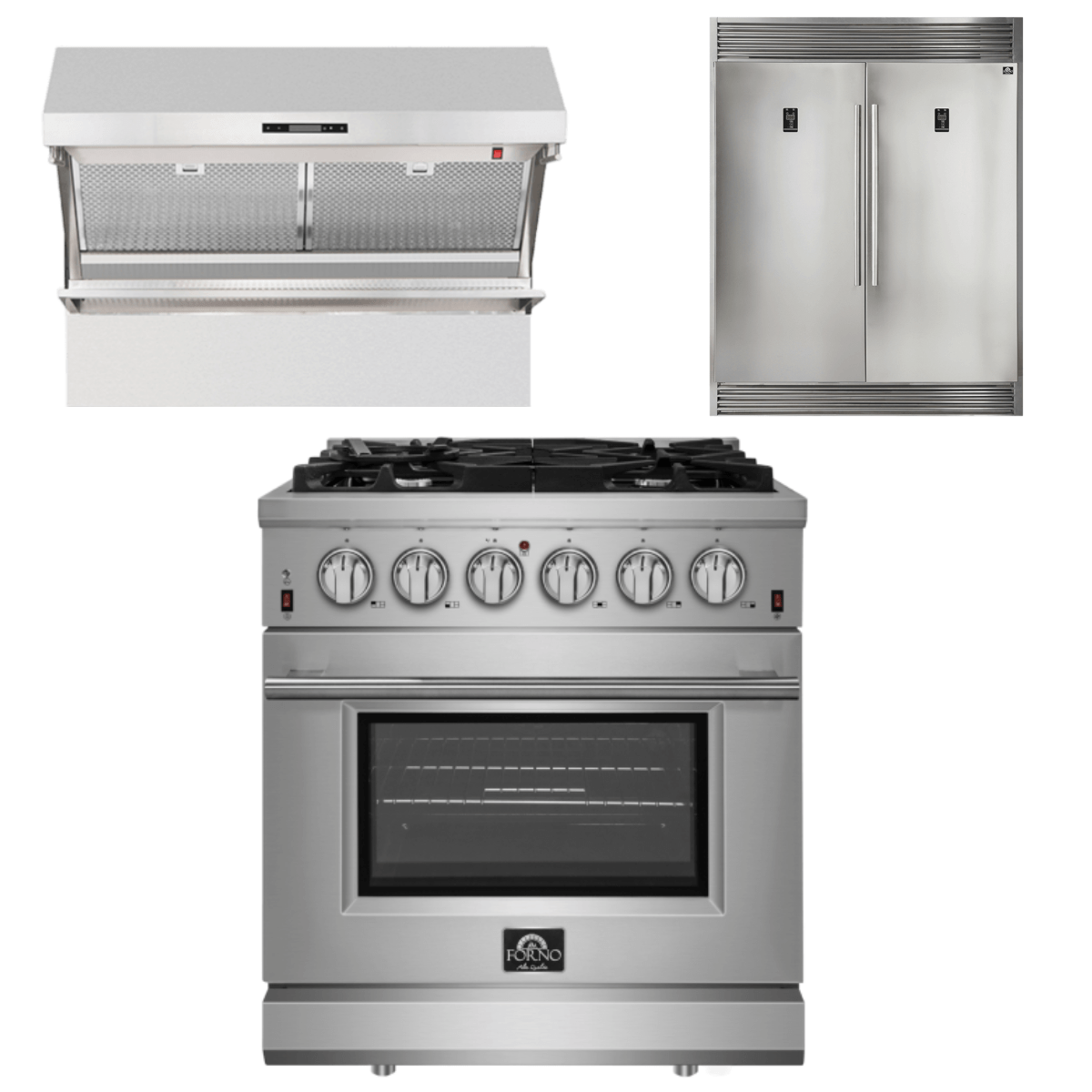 Forno Appliance Package - 30 Inch Gas Range, Wall Mount Range Hood, Refrigerator, AP-FFSGS6239-30-4 I Luxury Appliances Direct