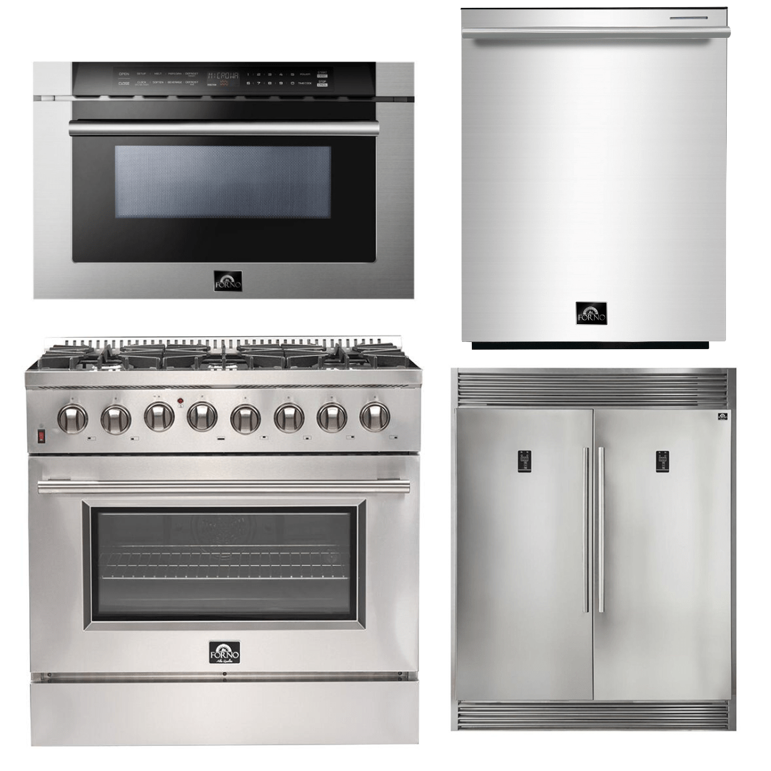 Forno Appliance Package - 36 Inch Dual Fuel Range, 60 Inch Refrigerator, Microwave Drawer, Dishwasher, AP-FFSGS6156-36-7 I Luxury Appliances Direct