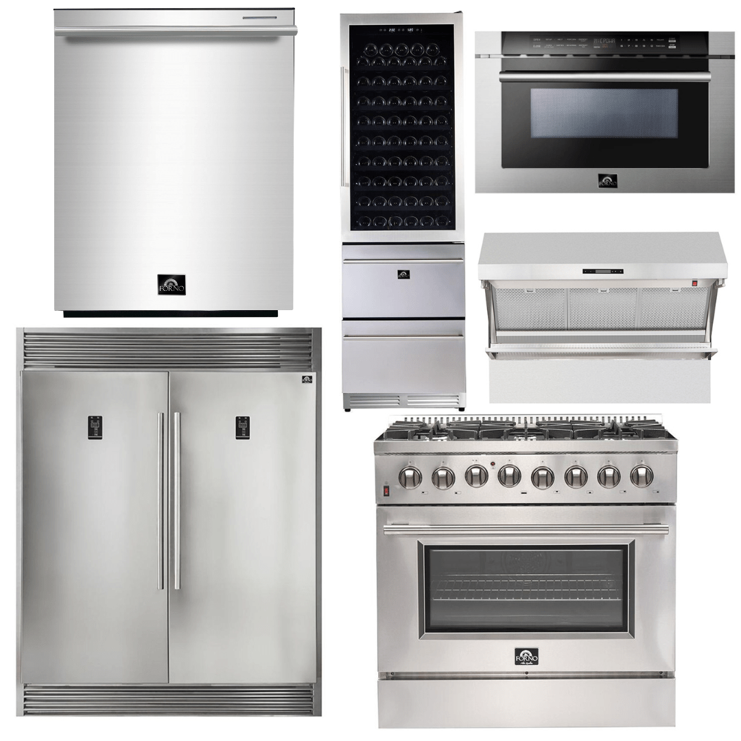 Forno Appliance Package - 36 Inch Dual Fuel Range, Range Hood, Refrigerator, Microwave Drawer, Dishwasher, Wine Cooler, AP-FFSGS6156-36-9 I Luxury Appliances Direct
