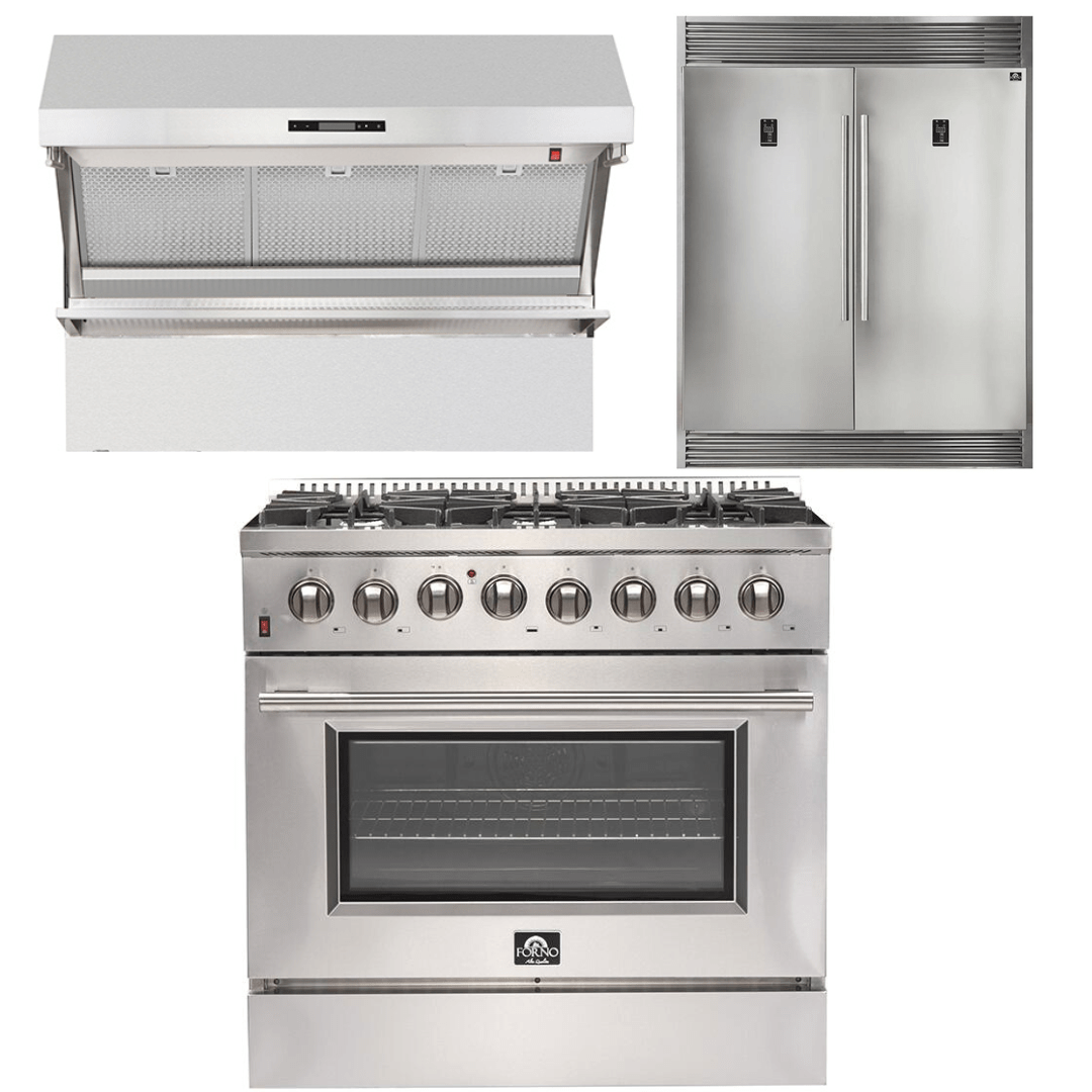 Forno Appliance Package - 36 Inch Dual Fuel Range, Wall Mount Range Hood, 60 Inch Refrigerator, AP-FFSGS6156-36-4 I Luxury Appliances Direct