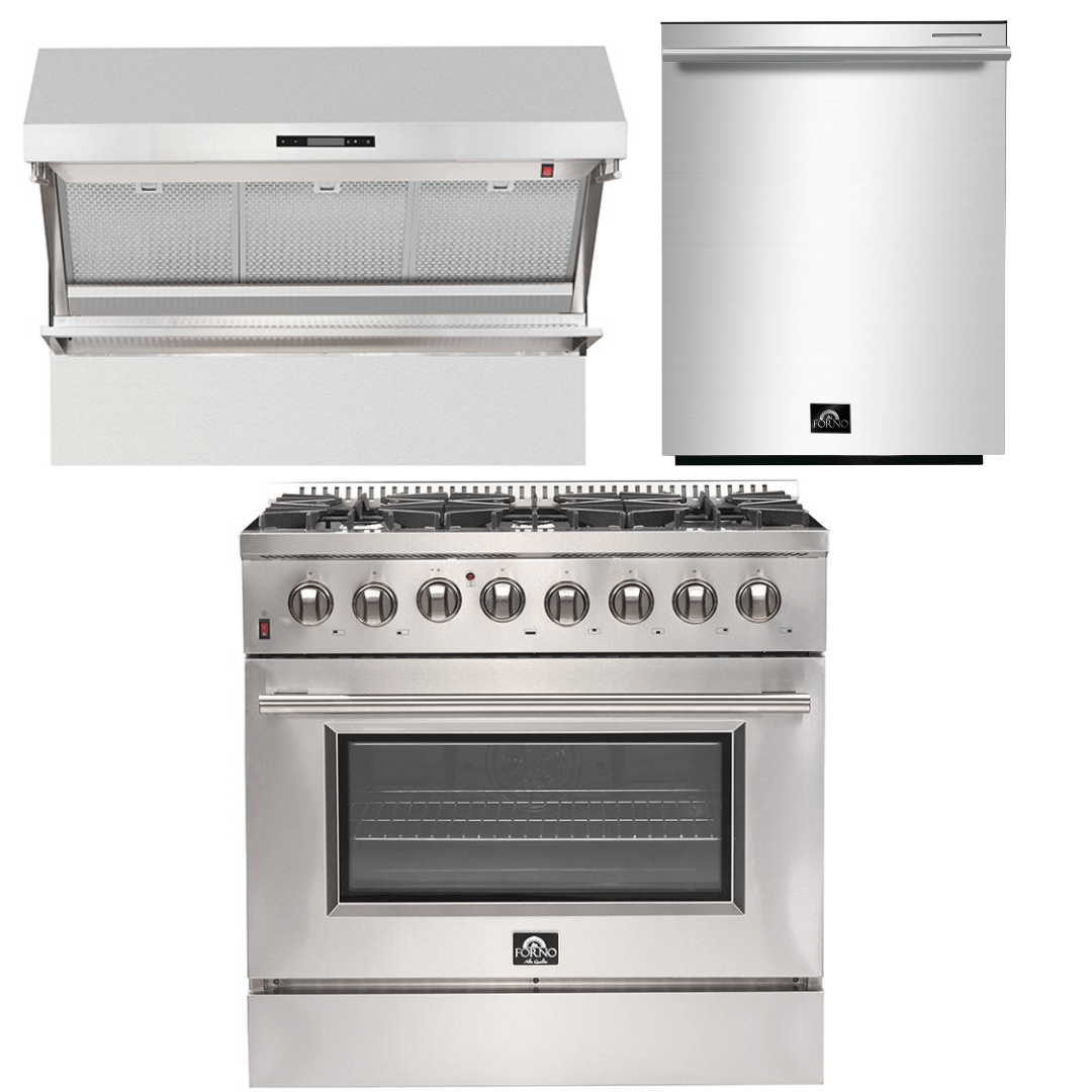 Forno Appliance Package - 36 Inch Dual Fuel Range, Wall Mount Range Hood, Dishwasher, AP-FFSGS6156-36-2 I Luxury Appliances Direct
