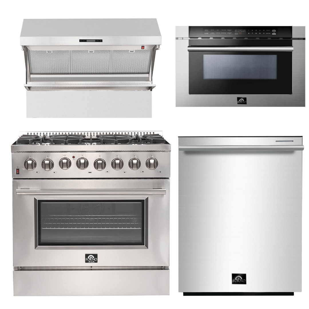 Forno Appliance Package - 36 Inch Dual Fuel Range, Wall Mount Range Hood, Microwave Drawer, Dishwasher, AP-FFSGS6156-36-6 I Luxury Appliances Direct