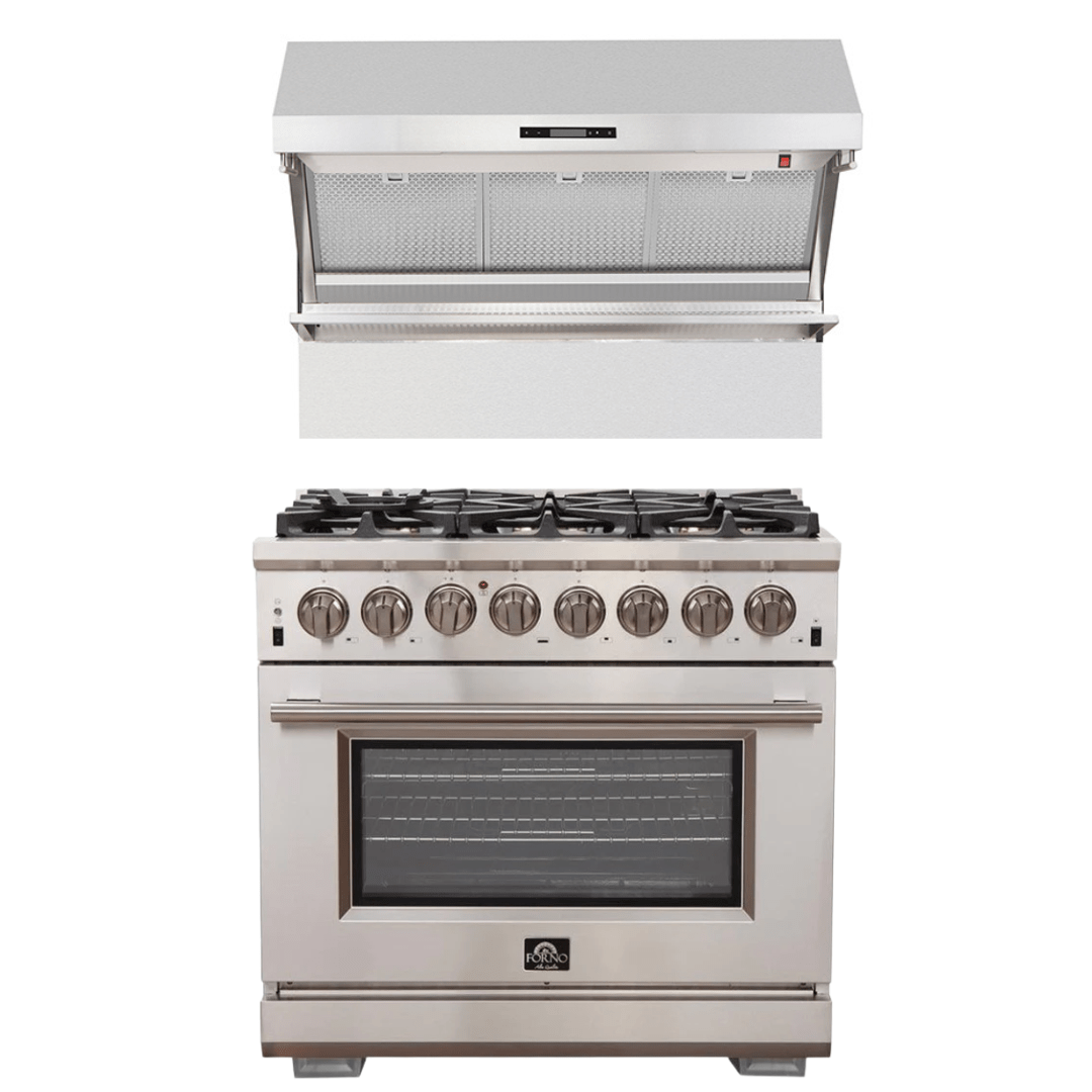 Forno Appliance Package - 36 Inch Gas Burner/Electric Oven Pro Range, Wall Mount Range Hood, AP-FFSGS6187-36 I Luxury Appliances Direct