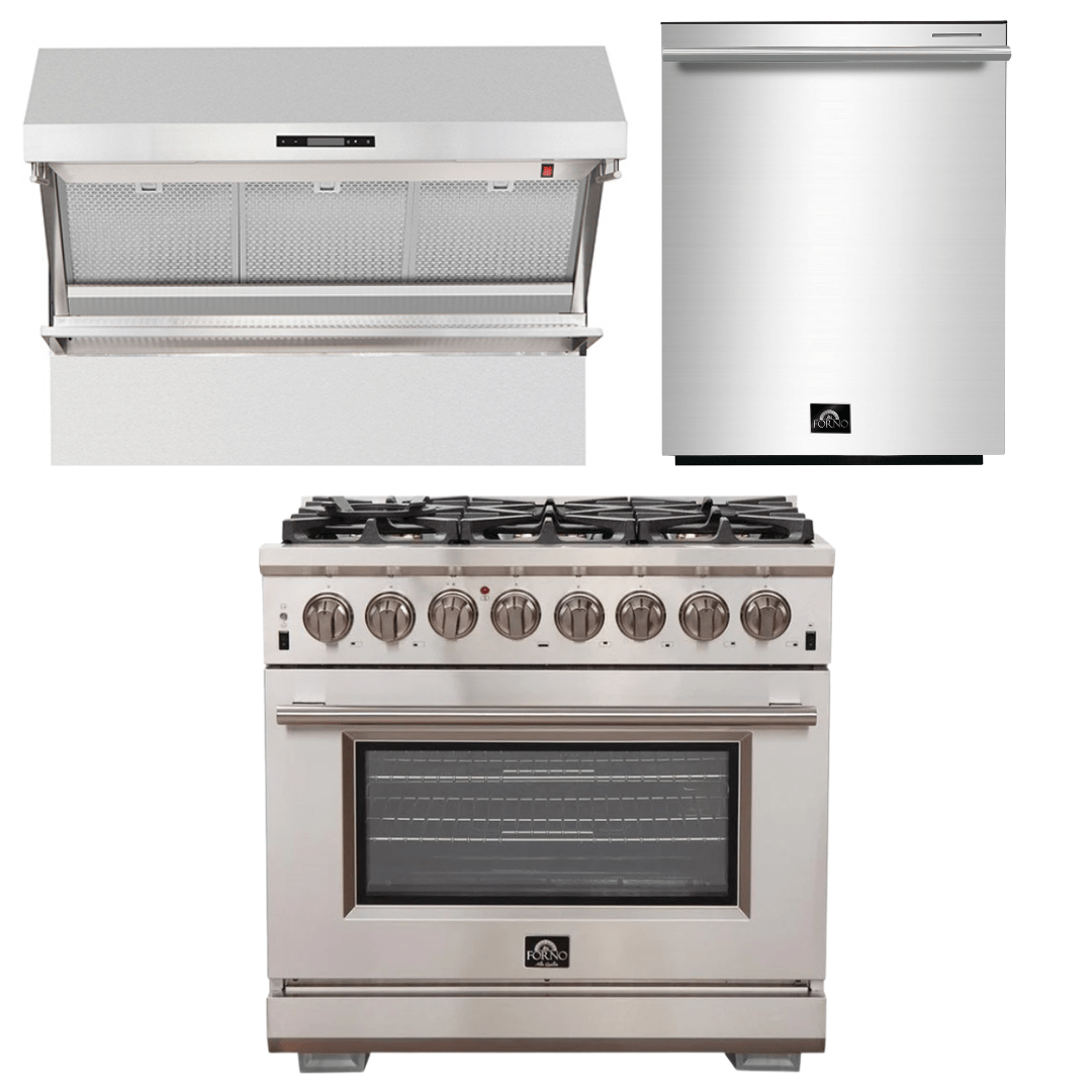 Forno Appliance Package - 36 Inch Gas Burner/Electric Oven Pro Range, Wall Mount Range Hood, Dishwasher, AP-FFSGS6187-36-2 I Luxury Appliances Direct