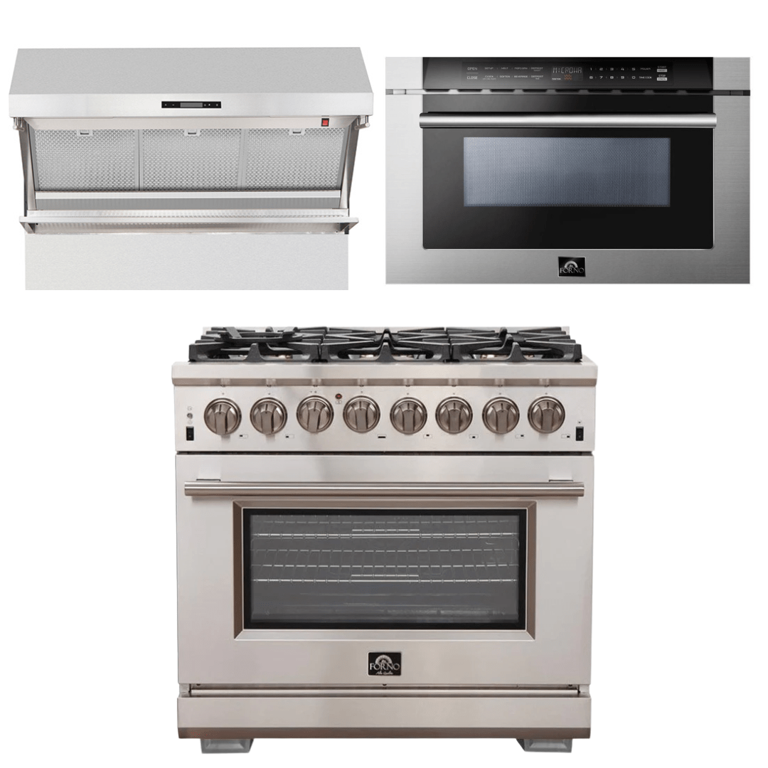Forno Appliance Package - 36 Inch Gas Burner/Electric Oven Pro Range, Wall Mount Range Hood, Microwave Drawer, AP-FFSGS6187-36-3 I Luxury Appliances Direct