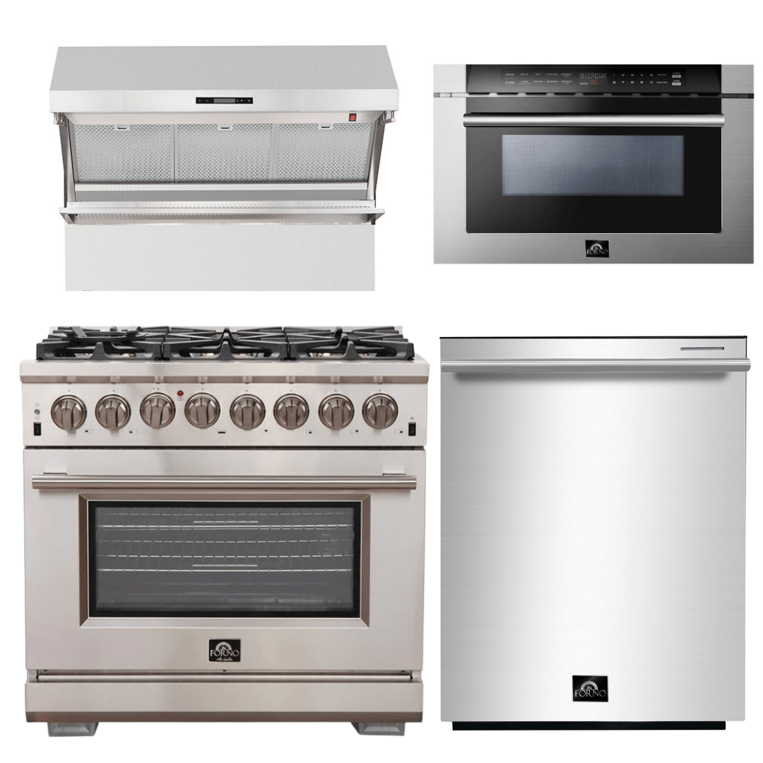 Forno Appliance Package - 36 Inch Gas Burner/Electric Oven Pro Range, Wall Mount Range Hood, Microwave Drawer, Dishwasher, AP-FFSGS6187-36-6 I Luxury Appliances Direct