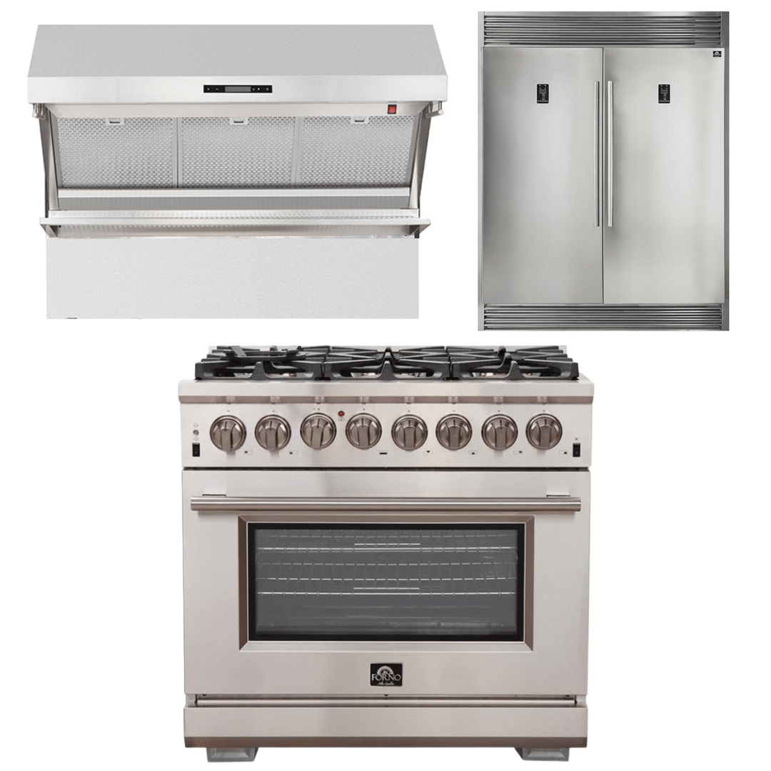 Forno Appliance Package - 36 Inch Gas Burner/Electric Oven Pro Range, Wall Mount Range Hood, Refrigerator, AP-FFSGS6187-36-4 I Luxury Appliances Direct