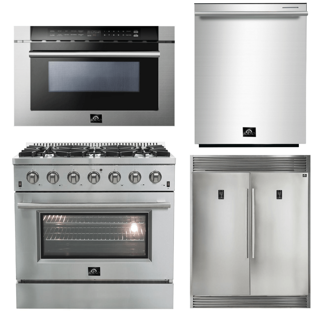 Forno Appliance Package - 36 Inch Gas Range, 60 Inch Refrigerator, Microwave Drawer, Dishwasher, AP-FFSGS6244-36-7 I Luxury Appliances Direct