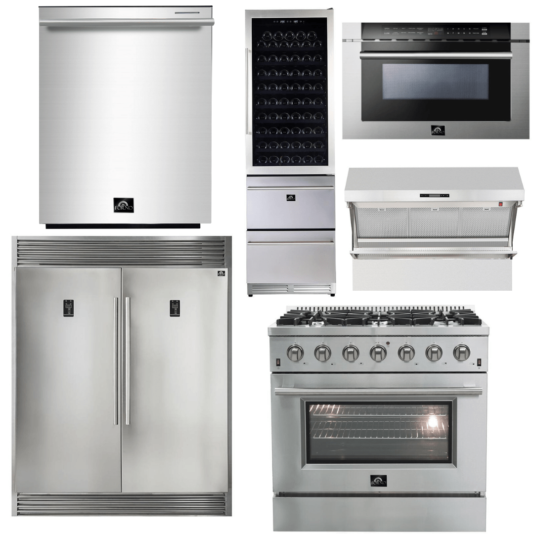 Forno Appliance Package - 36 Inch Gas Range, Range Hood, Refrigerator, Microwave Drawer, Dishwasher, Wine Cooler, AP-FFSGS6244-36-9 I Luxury Appliances Direct