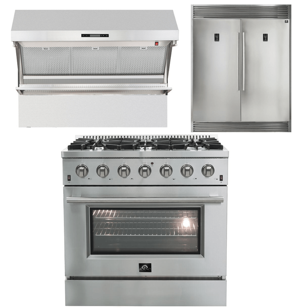 Forno Appliance Package - 36 Inch Gas Range, Wall Mount Range Hood, 60 Inch Refrigerator, AP-FFSGS6244-36-4 I Luxury Appliances Direct