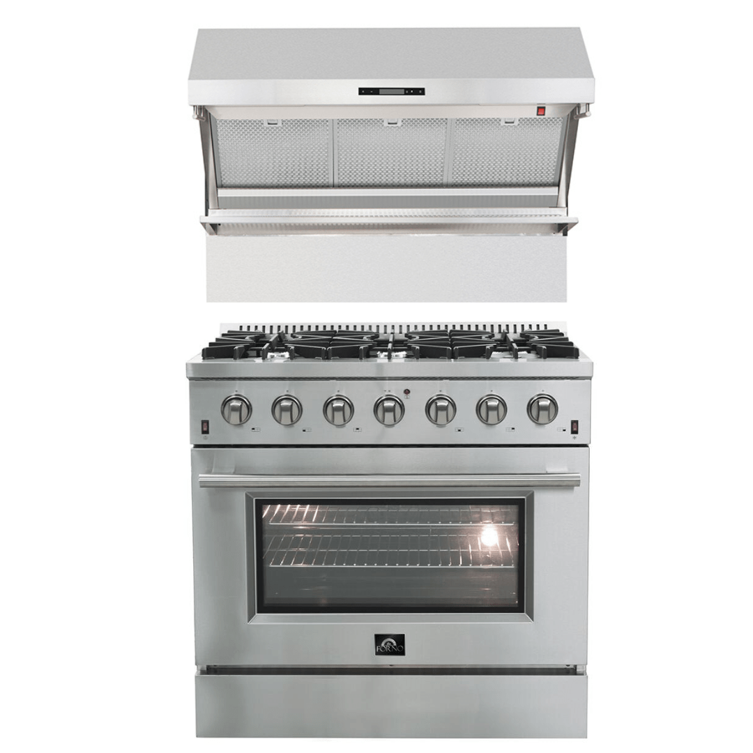 Forno Appliance Package- 36 Inch Gas Range, Wall Mount Range Hood, AP-FFSGS6244-36 I Luxury Appliances Direct