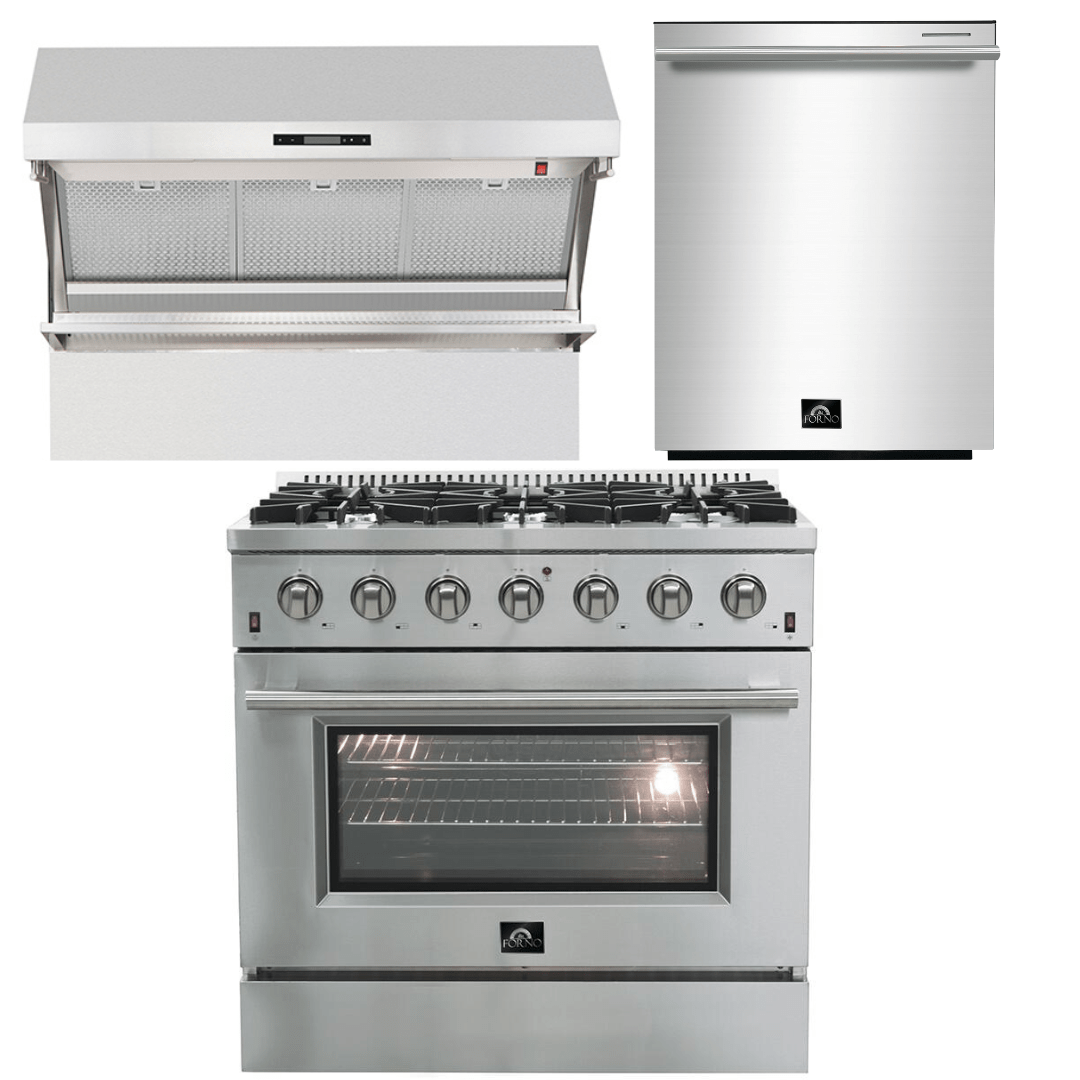 Forno Appliance Package - 36 Inch Gas Range, Wall Mount Range Hood, Dishwasher, AP-FFSGS6244-36-2 I Luxury Appliances Direct