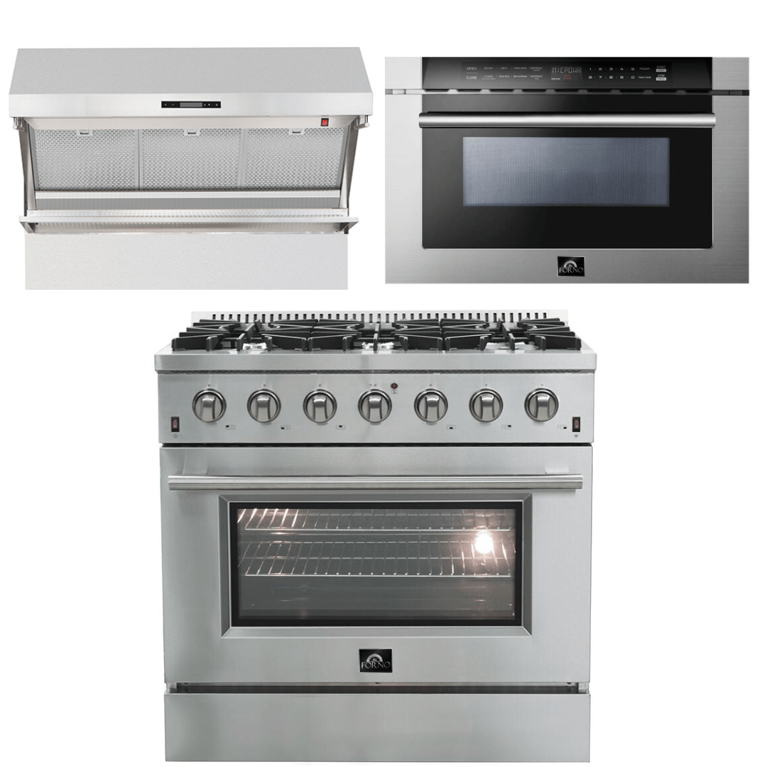 Forno Appliance Package - 36 Inch Gas Range, Wall Mount Range Hood, Microwave Drawer, AP-FFSGS6244-36-3 I Luxury Appliances Direct