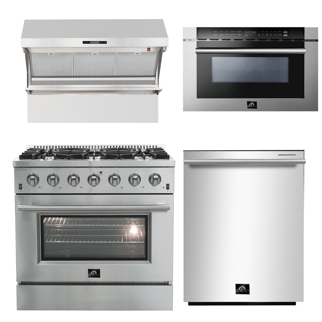 Forno Appliance Package - 36 Inch Gas Range, Wall Mount Range Hood, Microwave Drawer, Dishwasher, AP-FFSGS6244-36-6 I Luxury Appliances Direct