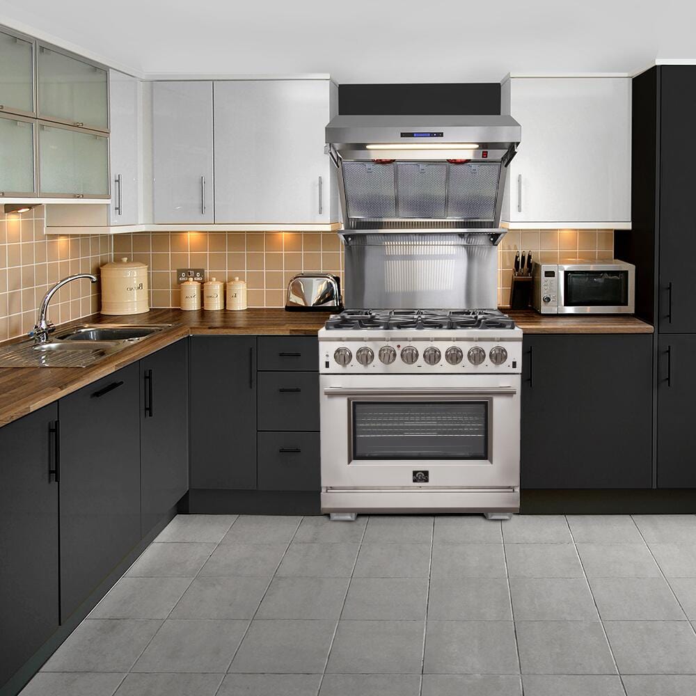 Forno Appliance Package - 36 Inch Gas Range, Wall Mount Range Hood, Microwave Drawer, Dishwasher, AP-FFSGS6244-36-6 I Luxury Appliances Direct