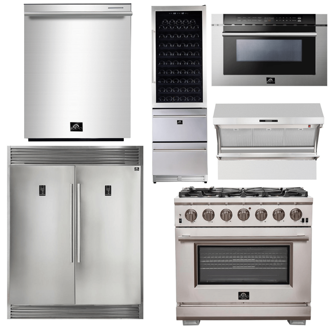 Forno Appliance Package - 36 Inch Pro Gas Range, Range Hood, Refrigerator, Microwave Drawer, Dishwasher, Wine Cooler, AP-FFSGS6260-36-9 I Luxury Appliances Direct
