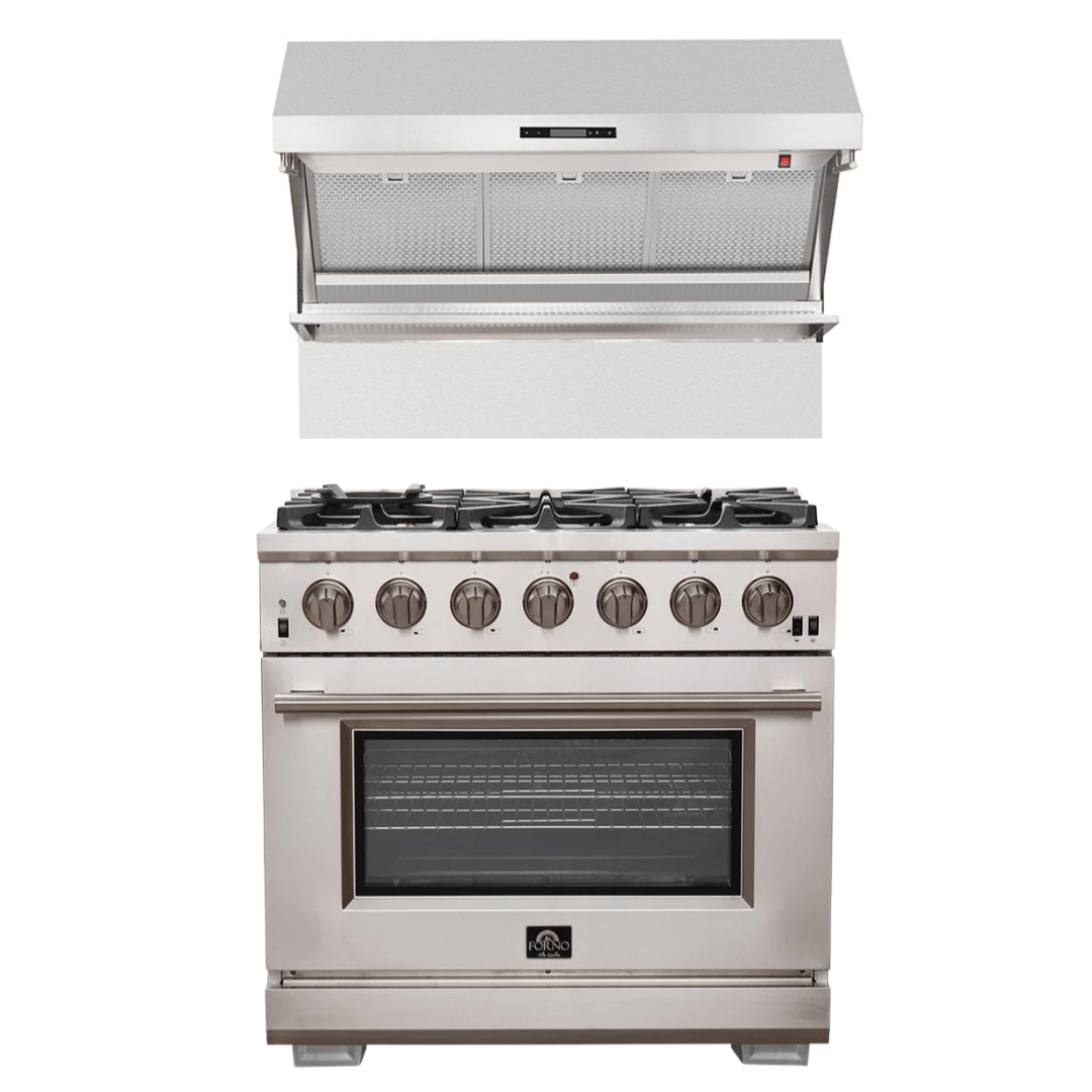 Forno Appliance Package- 36 Inch Pro Gas Range, Wall Mount Range Hood, AP-FFSGS6260-36 I Luxury Appliances Direct