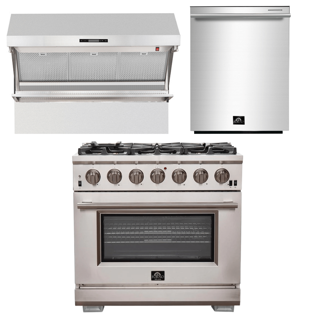 Forno Appliance Package - 36 Inch Pro Gas Range, Wall Mount Range Hood, Dishwasher, AP-FFSGS6260-36-2 I Luxury Appliances Direct