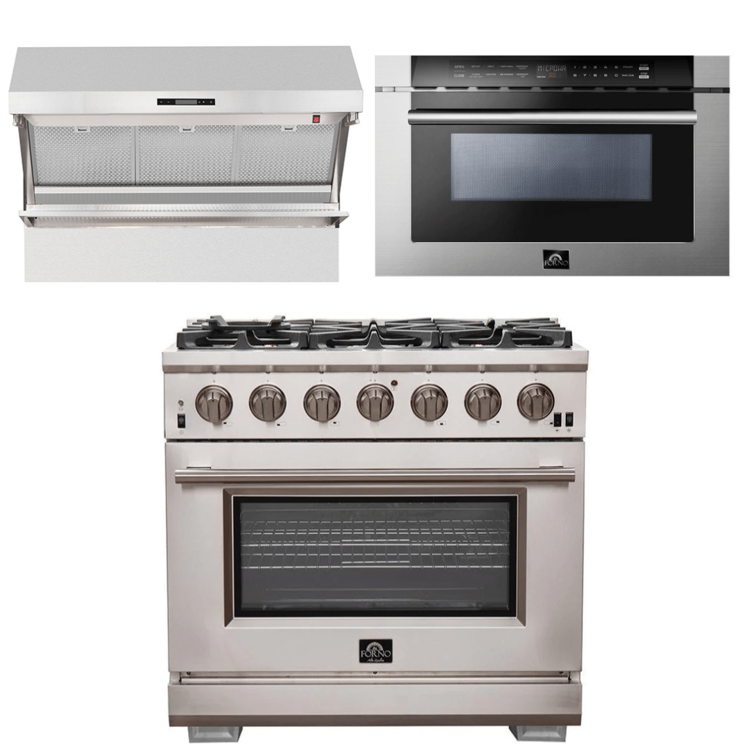 Forno Appliance Package - 36 Inch Pro Gas Range, Wall Mount Range Hood, Microwave Drawer, AP-FFSGS6260-36-3 I Luxury Appliances Direct