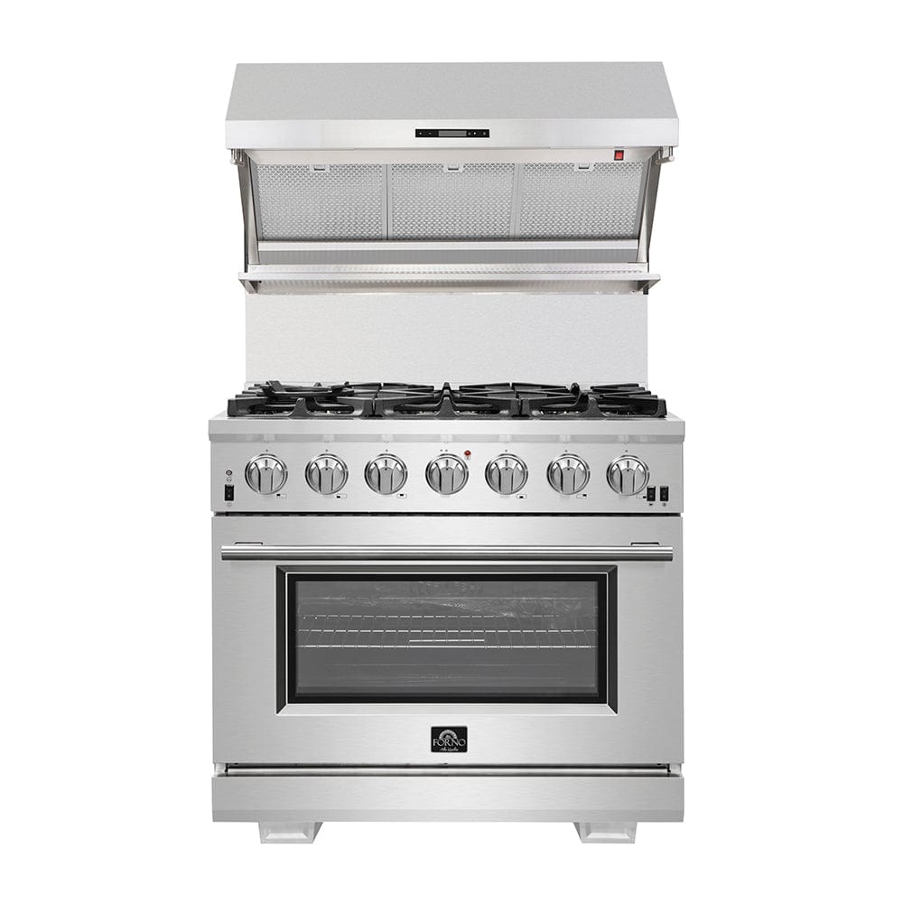 Forno Appliance Package - 36 Inch Pro Gas Range, Wall Mount Range Hood, Microwave Drawer, Dishwasher, AP-FFSGS6260-36-6 I Luxury Appliances Direct