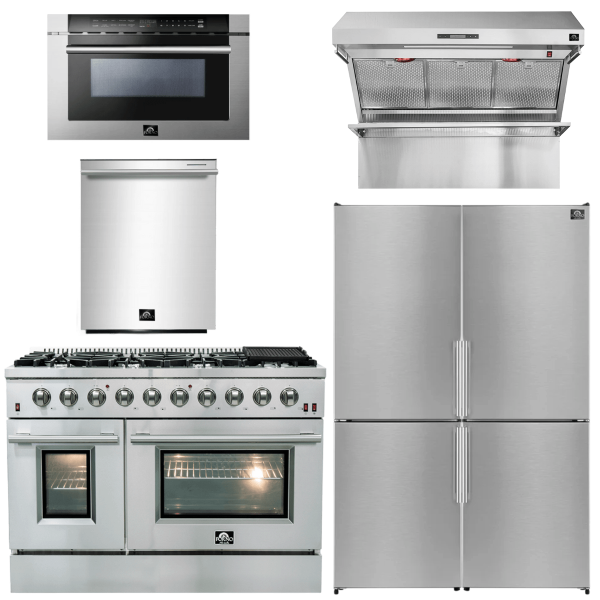 Forno Appliance Package - 48" Dual Fuel Range, 48" Range Hood, Dishwasher, 48" Refrigerator, Microwave Drawer, AP-FFSGS6156-48-13 I Luxury Appliances Direct