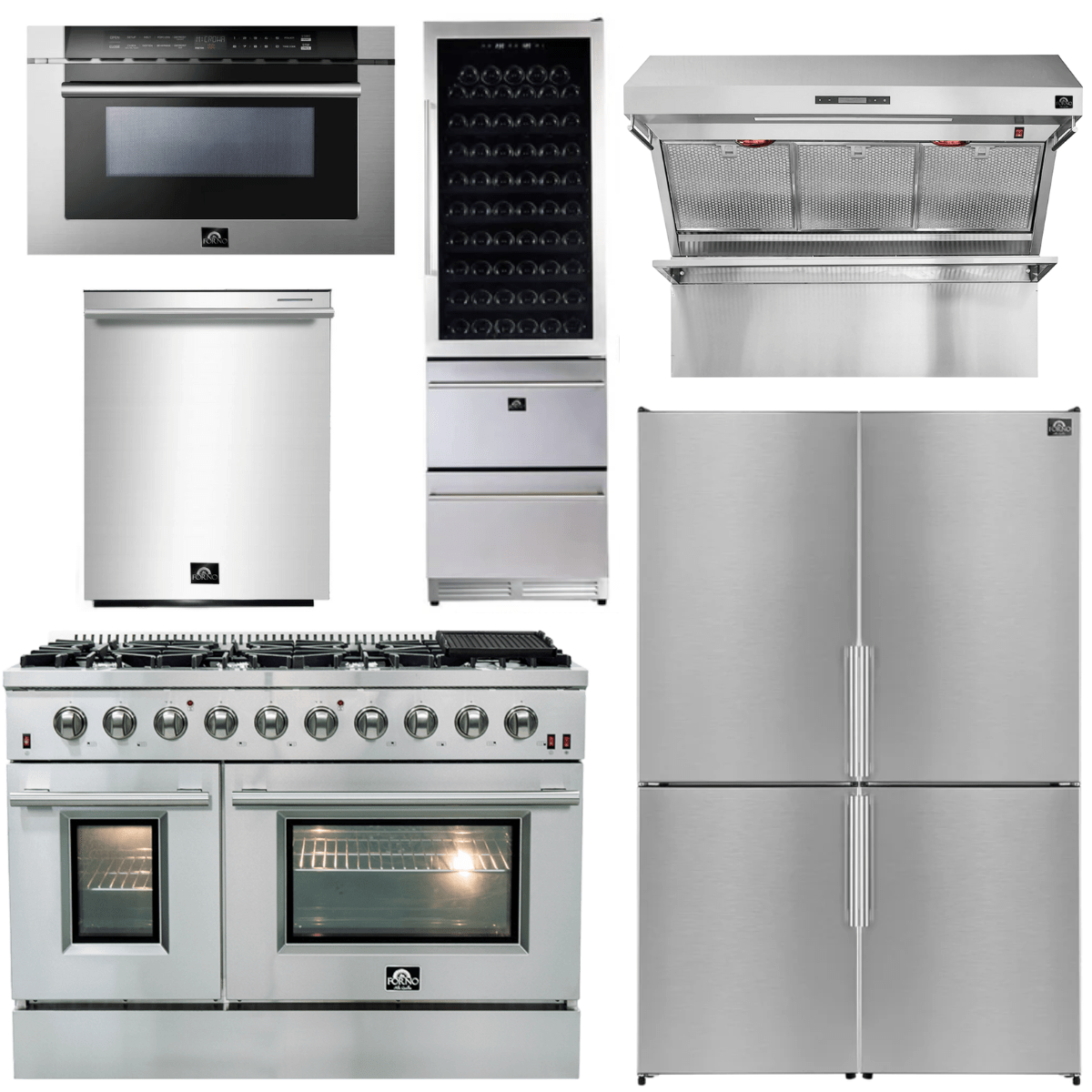 Forno Appliance Package - 48" Dual Fuel Range, 48" Range Hood, Dishwasher, 48" Refrigerator, Microwave Drawer, Wine Cooler, AP-FFSGS6156-48-14 I Luxury Appliances Direct