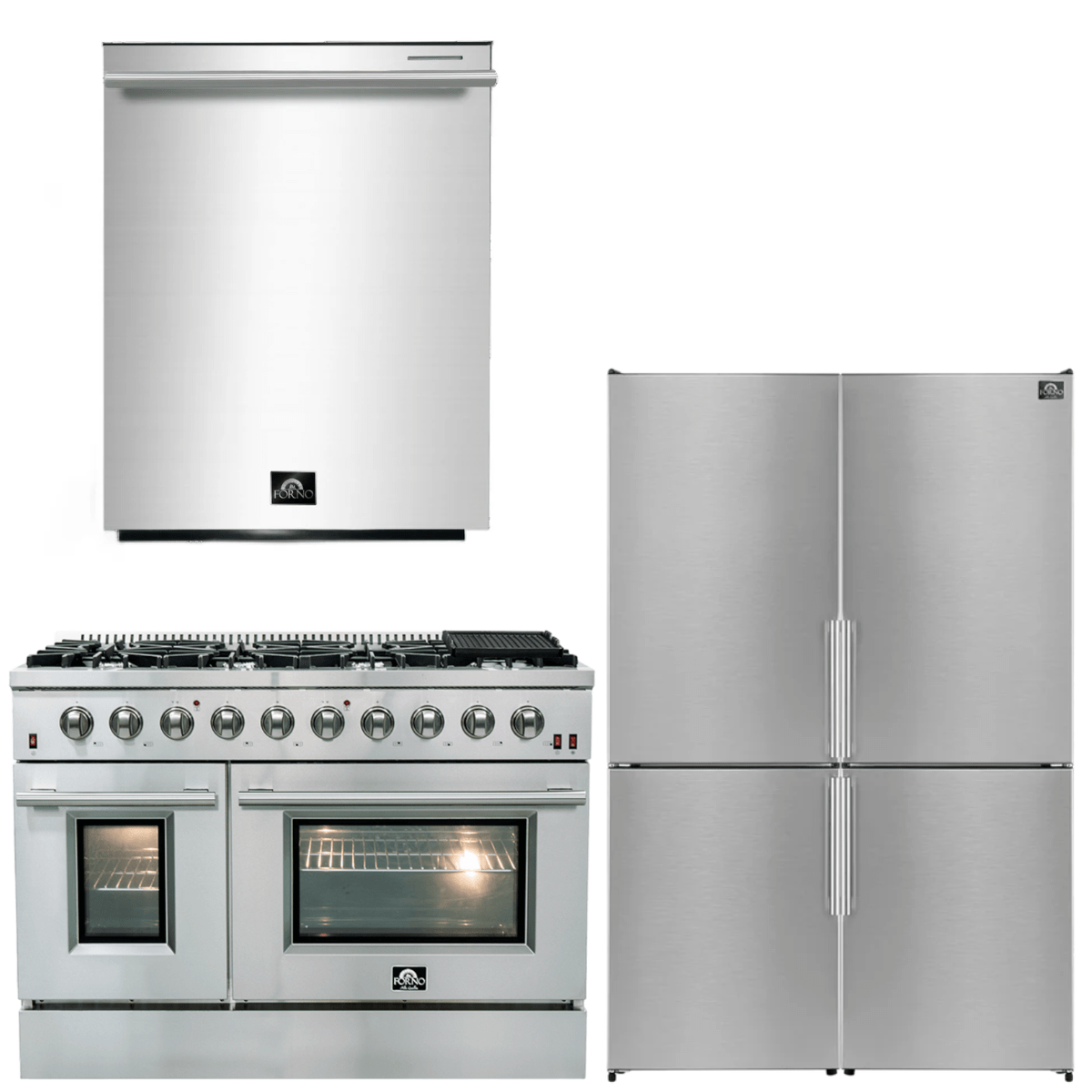 Forno Appliance Package - 48" Dual Fuel Range, Dishwasher, 48" Refrigerator, AP-FFSGS6156-48-11 I Luxury Appliances Direct