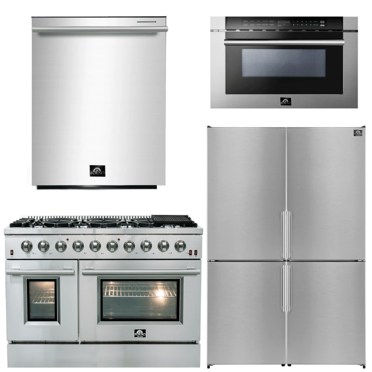 Forno Appliance Package - 48" Dual Fuel Range, Dishwasher, 48" Refrigerator, Microwave Drawer, AP-FFSGS6156-48-12 I Luxury Appliances Direct