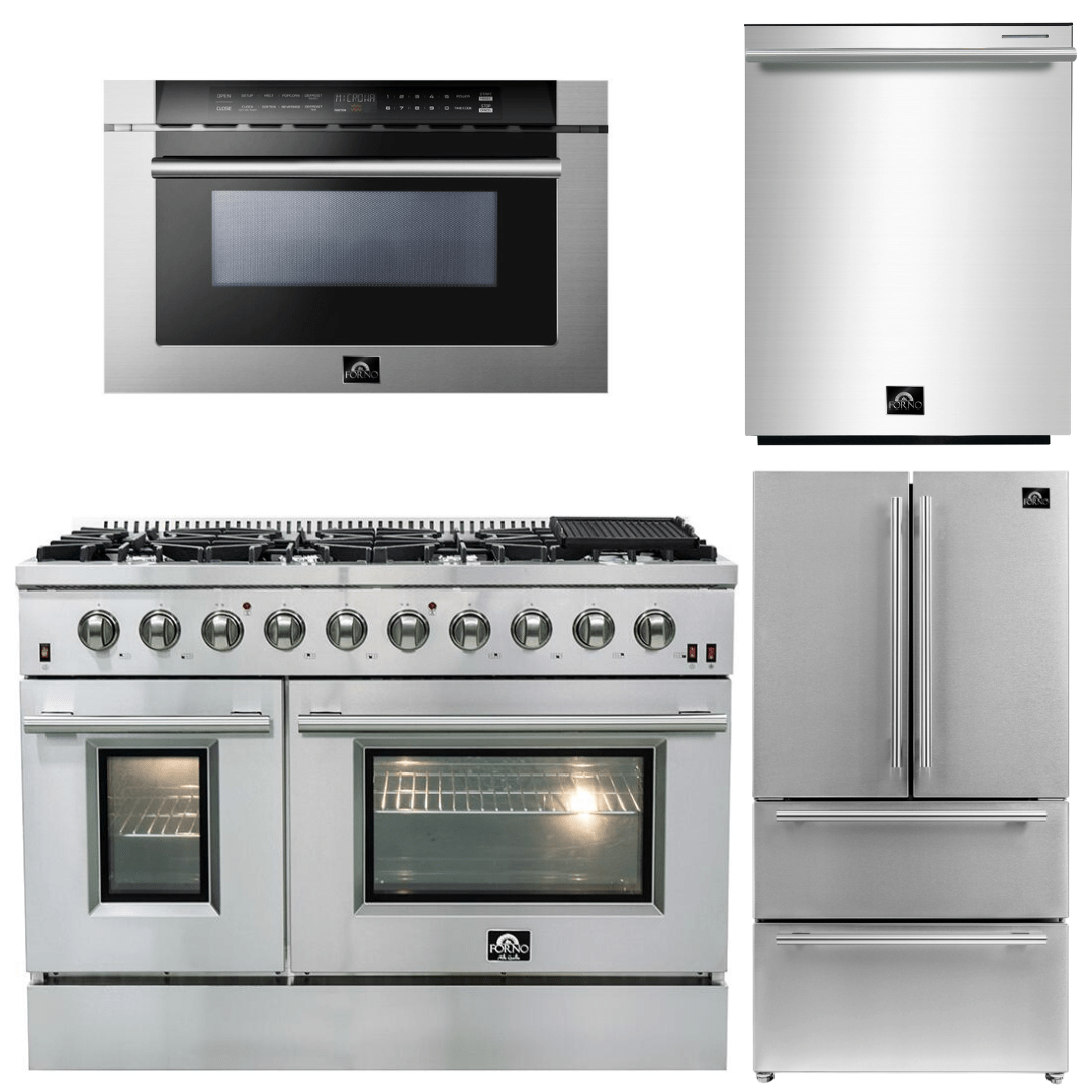 Forno Appliance Package - 48" Gas Range, 36" Refrigerator, Microwave Drawer, Dishwasher, AP-FFSGS6244-48-25 I Luxury Appliances Direct