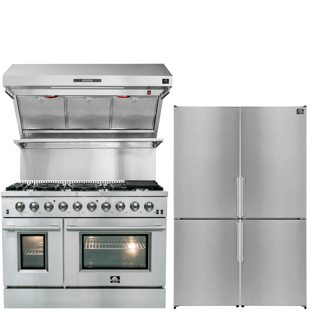 Forno Appliance Package - 48" Gas Range, 48" Range Hood, 48" Refrigerator, AP-FFSGS6244-48-10 I Luxury Appliances Direct