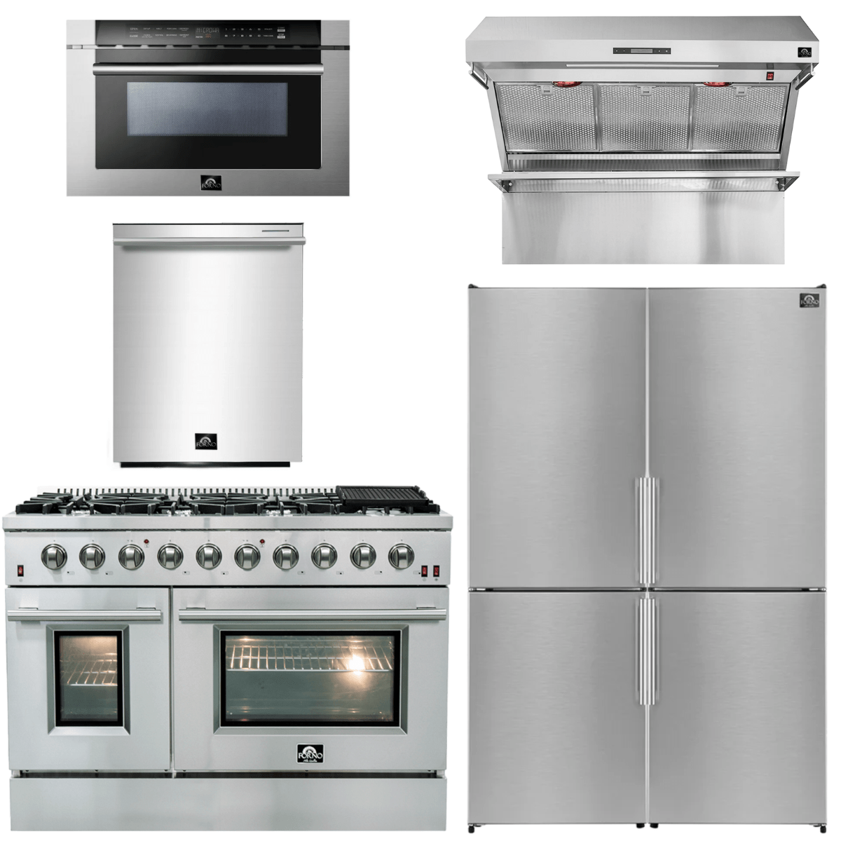 Forno Appliance Package - 48" Gas Range, 48" Range Hood, Dishwasher, 48" Refrigerator, Microwave Drawer, AP-FFSGS6244-48-13 I Luxury Appliances Direct