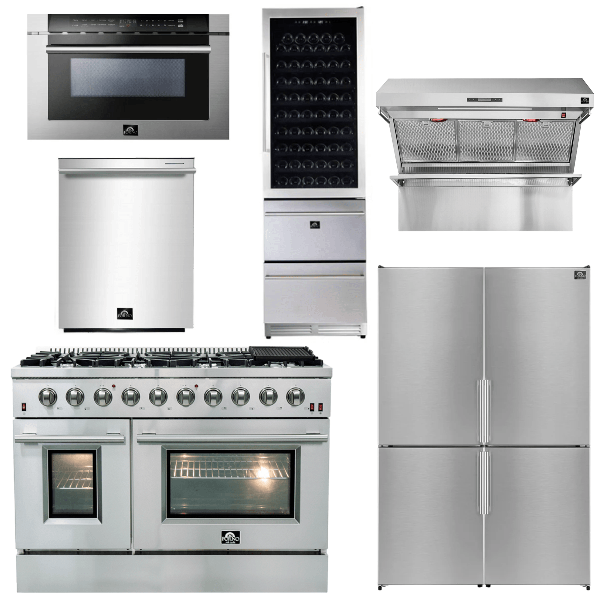 Forno Appliance Package - 48" Gas Range, 48" Range Hood, Dishwasher, 48" Refrigerator, Microwave Drawer, Wine Cooler, AP-FFSGS6244-48-14 I Luxury Appliances Direct