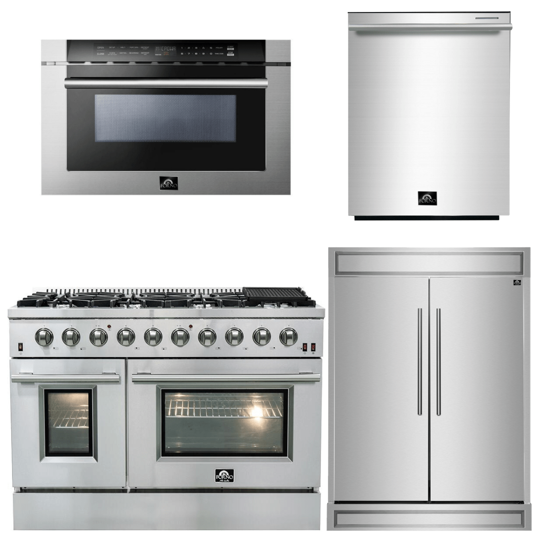 Forno Appliance Package - 48" Gas Range, 60" Refrigerator, Microwave Drawer, Dishwasher, AP-FFSGS6244-48-26 I Luxury Appliances Direct
