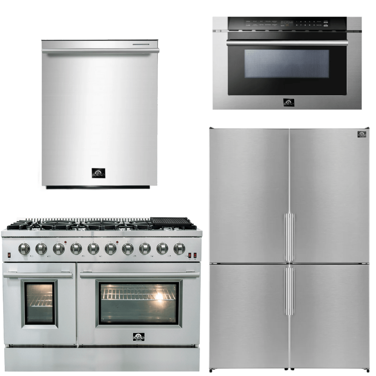 Forno Appliance Package - 48" Gas Range, Dishwasher, 48" Refrigerator, Microwave Drawer, AP-FFSGS6244-48-12 I Luxury Appliances Direct