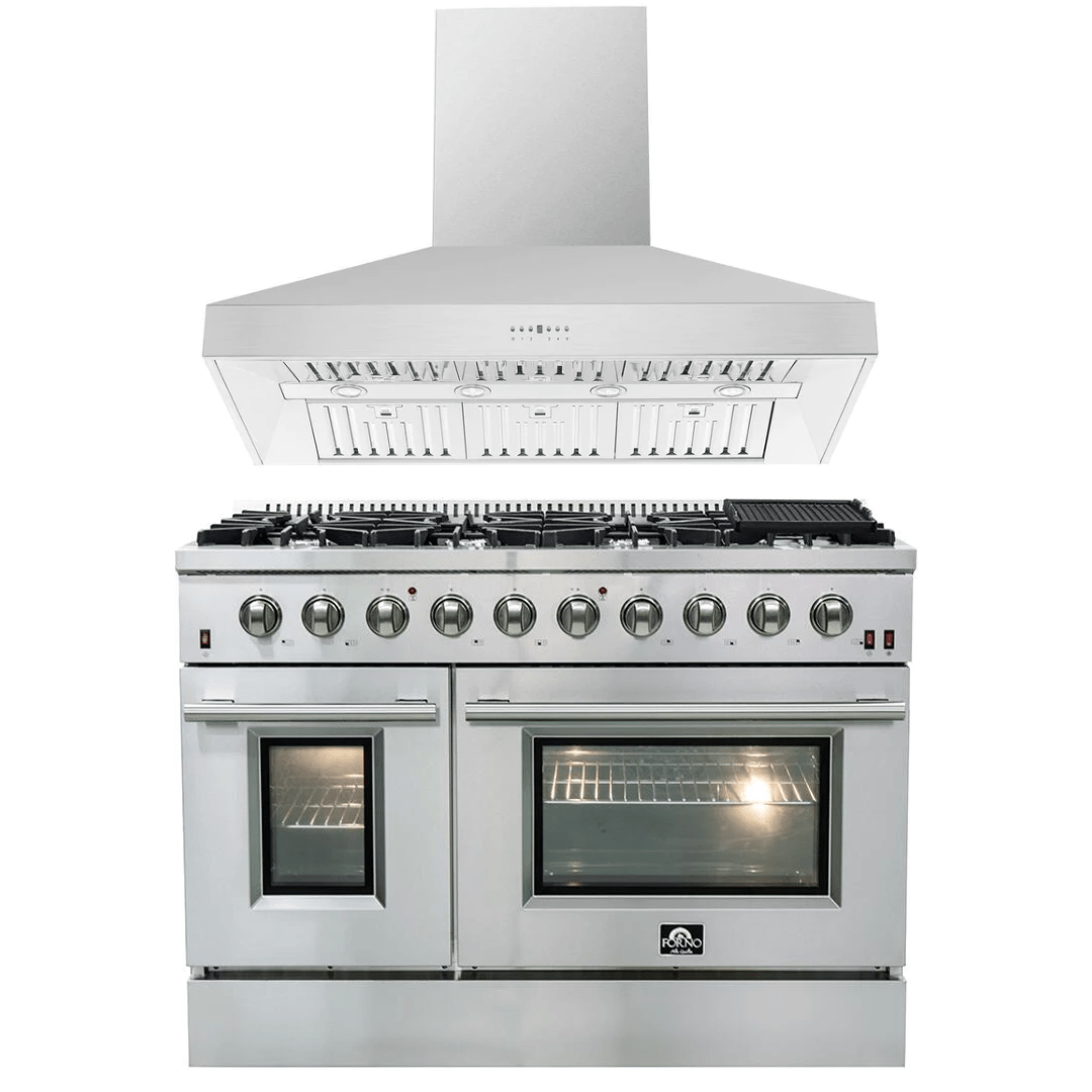 Forno Appliance Package - 48" Gas Range, Wall Mount Range Hood, AP-FFSGS6244-48-15 I Luxury Appliances Direct