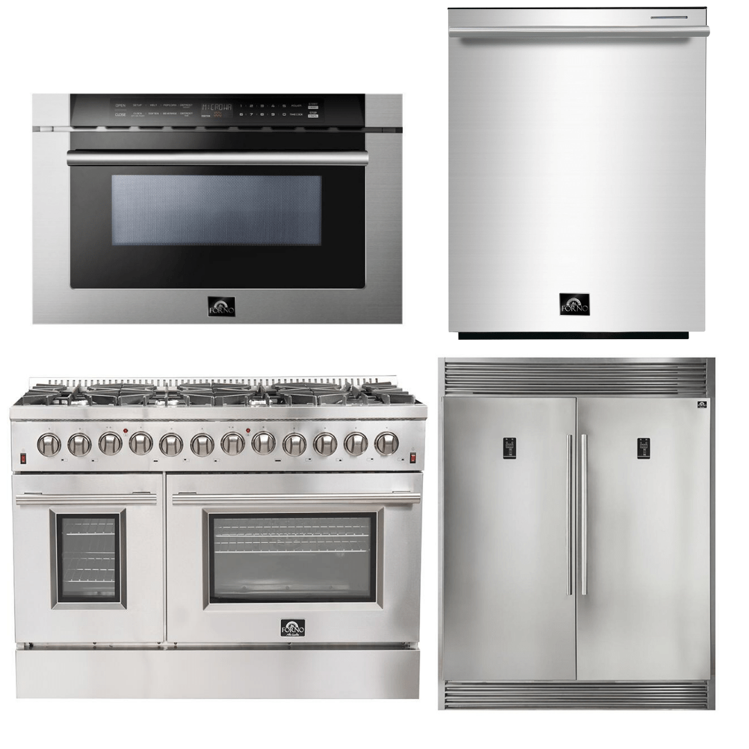 Forno Appliance Package - 48 Inch Dual Fuel Range, 60 Inch Refrigerator, Microwave Drawer, Dishwasher, AP-FFSGS6156-48-7 I Luxury Appliances Direct