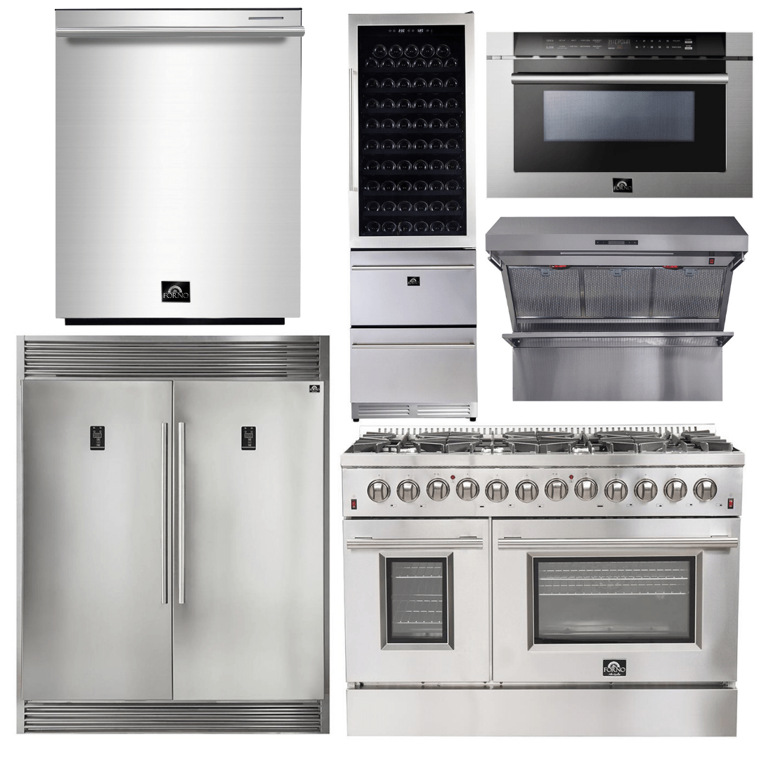Forno Appliance Package - 48 Inch Dual Fuel Range, Range Hood, Refrigerator, Microwave Drawer, Dishwasher, Wine Cooler, AP-FFSGS6156-48-9 I Luxury Appliances Direct