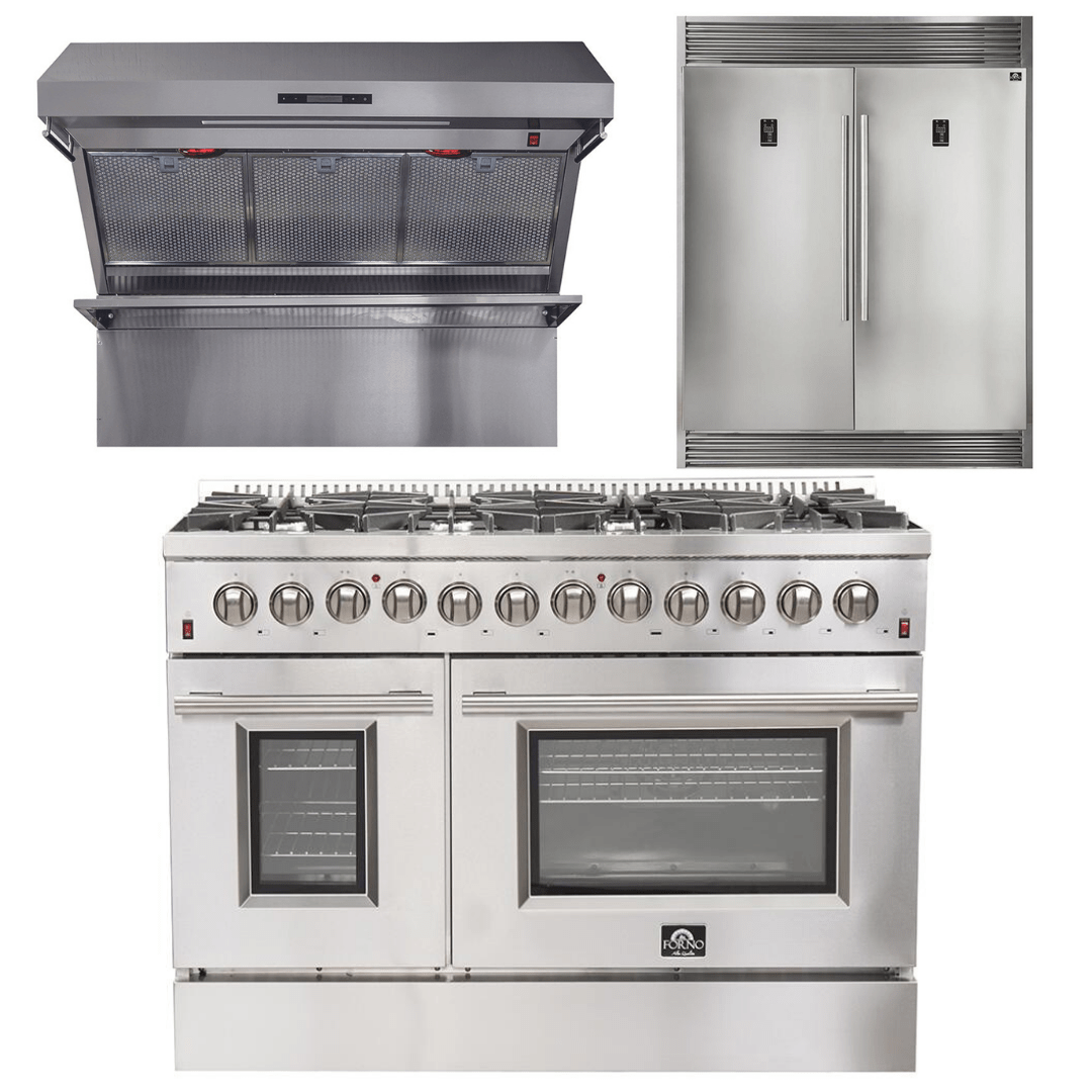 Forno Appliance Package - 48 Inch Dual Fuel Range, Wall Mount Range Hood, 60 Inch Refrigerator, AP-FFSGS6156-48-4 I Luxury Appliances Direct