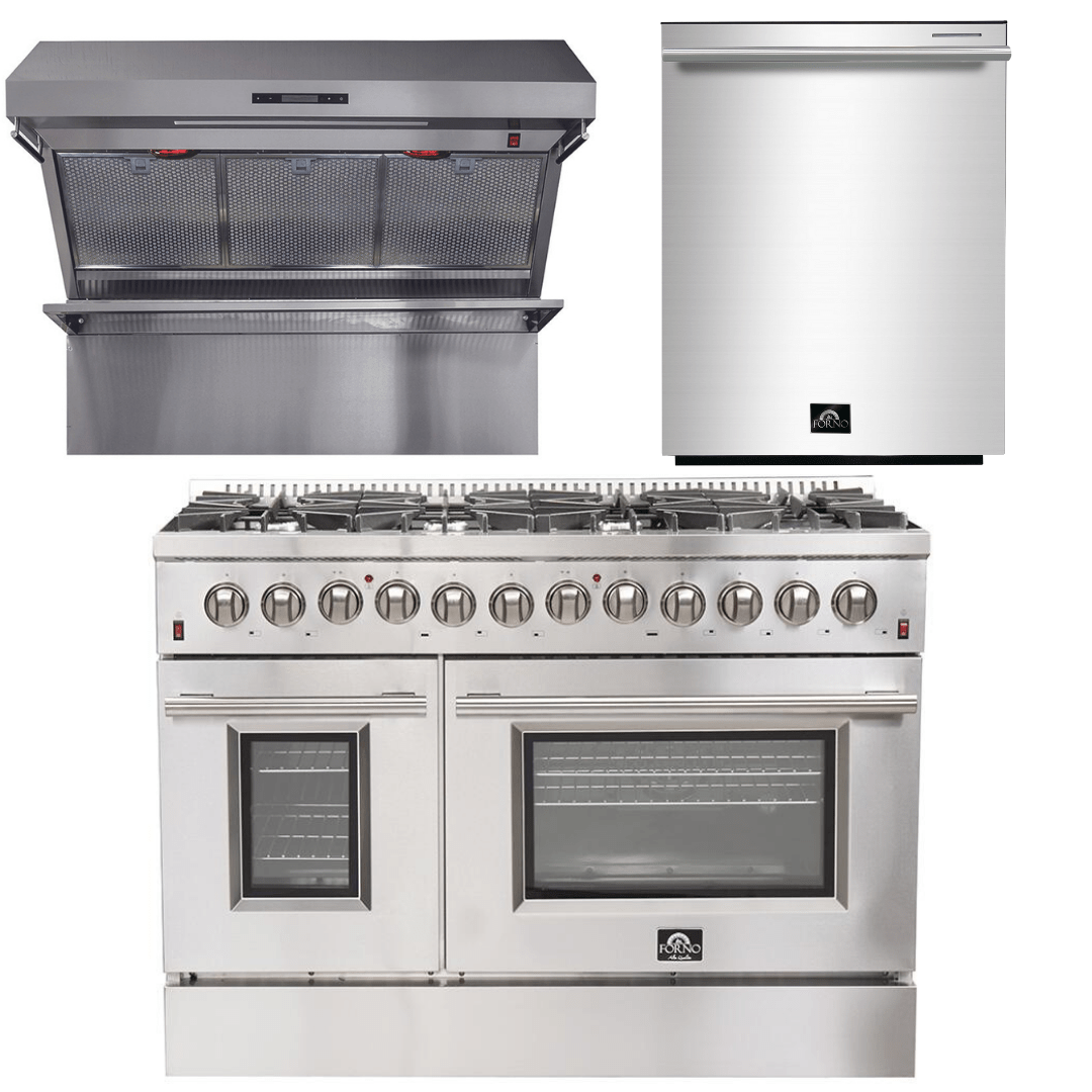 Forno Appliance Package - 48 Inch Dual Fuel Range, Wall Mount Range Hood, Dishwasher, AP-FFSGS6156-48-2 I Luxury Appliances Direct