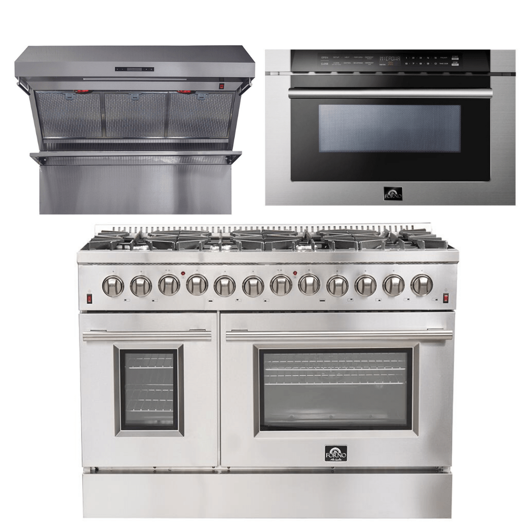 Forno Appliance Package - 48 Inch Dual Fuel Range, Wall Mount Range Hood, Microwave Drawer, AP-FFSGS6156-48-3 I Luxury Appliances Direct