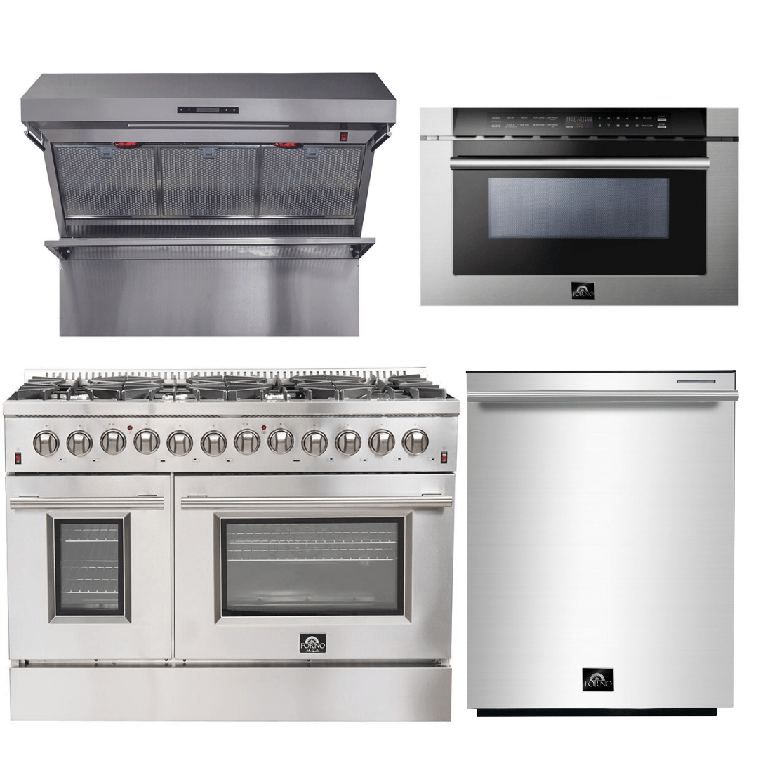 Forno Appliance Package - 48 Inch Dual Fuel Range, Wall Mount Range Hood, Microwave Drawer, Dishwasher, AP-FFSGS6156-48-6 I Luxury Appliances Direct