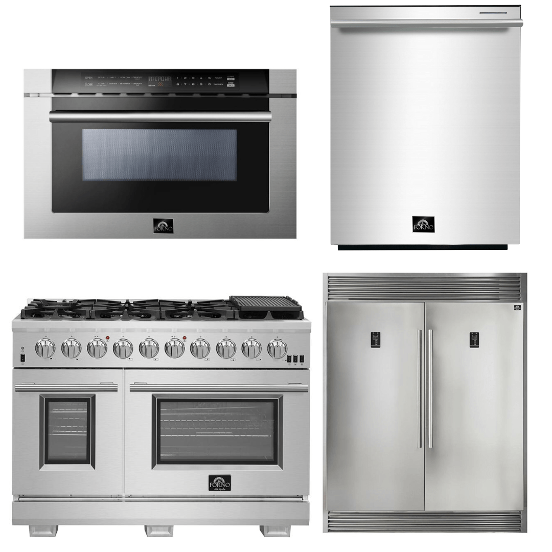 Forno Appliance Package - 48 Inch Gas Burner/Electric Oven Pro Range, Refrigerator, Microwave Drawer, Dishwasher, AP-FFSGS6187-48-7 I Luxury Appliances Direct