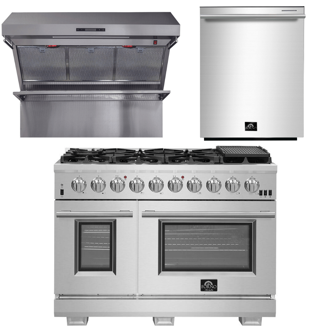 Forno Appliance Package - 48 Inch Gas Burner/Electric Oven Pro Range, Wall Mount Range Hood, Dishwasher, AP-FFSGS6187-48-2 I Luxury Appliances Direct