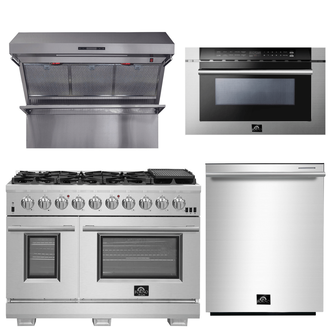 Forno Appliance Package - 48 Inch Gas Burner/Electric Oven Pro Range, Wall Mount Range Hood, Microwave Drawer, Dishwasher, AP-FFSGS6187-48-6 I Luxury Appliances Direct