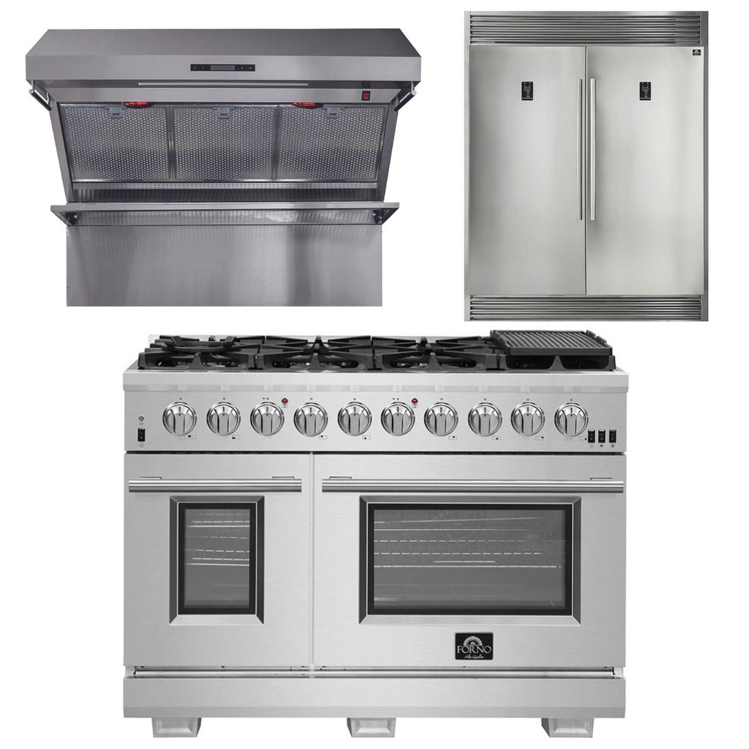 Forno Appliance Package - 48 Inch Gas Burner/Electric Oven Pro Range, Wall Mount Range Hood, Refrigerator, AP-FFSGS6187-48-4 I Luxury Appliances Direct