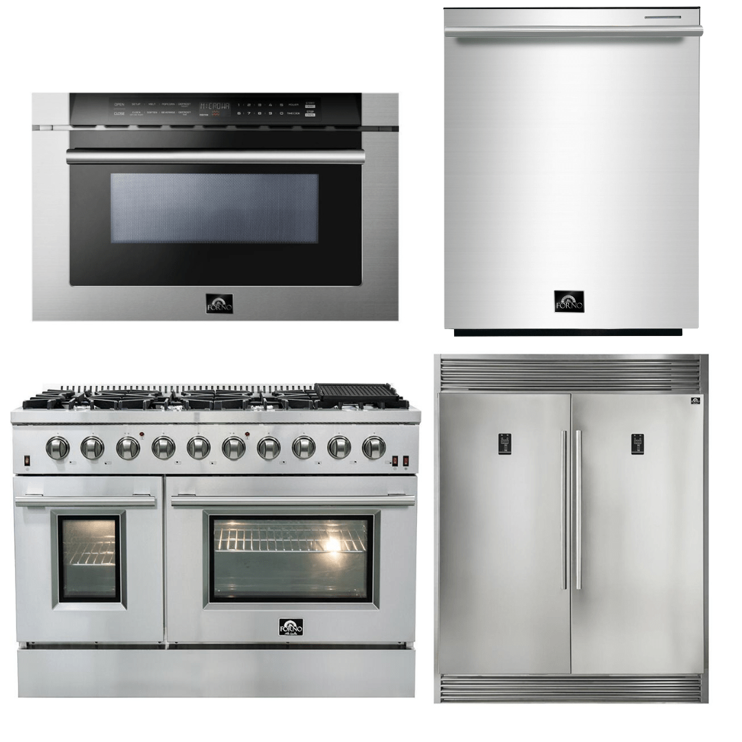 Forno Appliance Package - 48 Inch Gas Range, 60 Inch Refrigerator, Microwave Drawer, Dishwasher, AP-FFSGS6244-48-7 I Luxury Appliances Direct